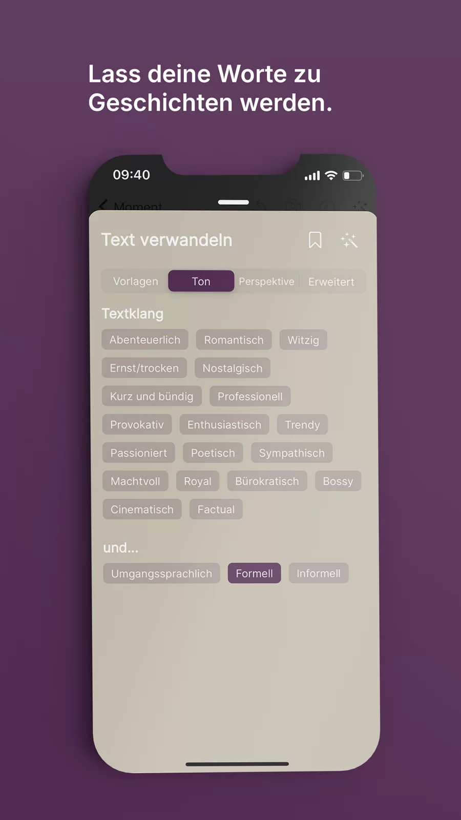 Die Funktion „Text verwandeln“ der Exposure App mit auswählbaren Tonalitäten